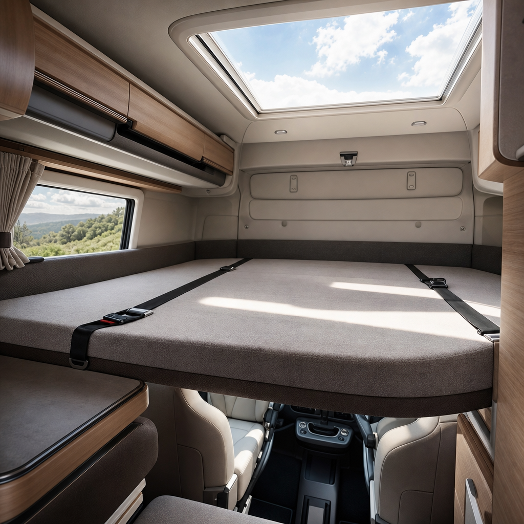 Vue intérieure d'un camping-car aménagé avec une couchette fixe et des ceintures de sécurité visibles, sans occupant, lumière naturelle entrant par le toit ouvrant
