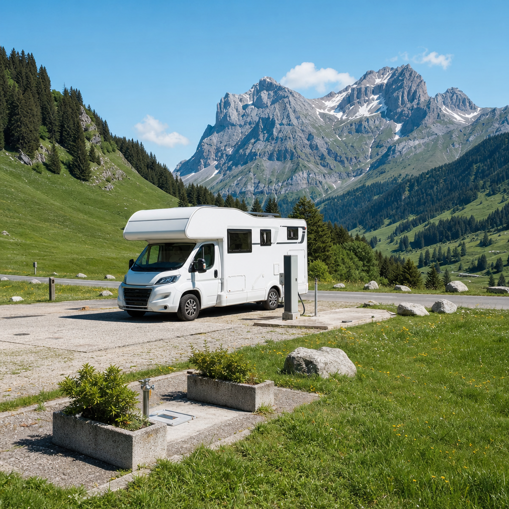 Un camping-car blanc garé sur une aire de service officielle en montagne suisse, entouré de prairies alpines verdoyantes, par temps ensoleillé, sans personnage visible