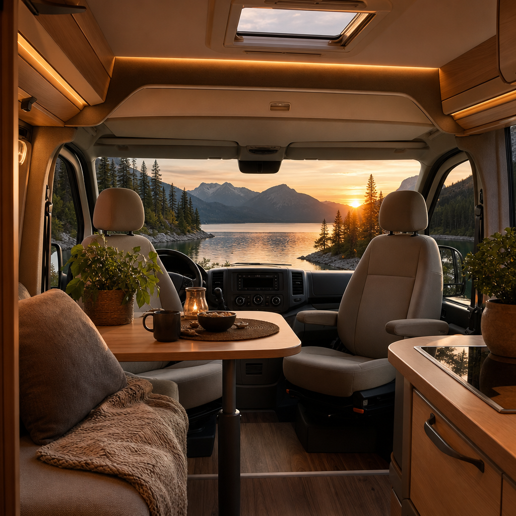 Vue intérieure d'un camping-car aménagé avec vue sur un lac suisse à travers le pare-brise, entouré de forêts de pins et de sommets alpins au coucher du soleil