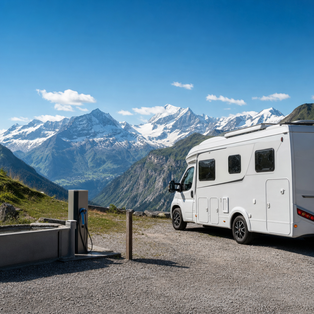 Un camping-car blanc garé sur une aire de service alpine face à un panorama de montagnes suisses enneigées, sous un ciel bleu d'été