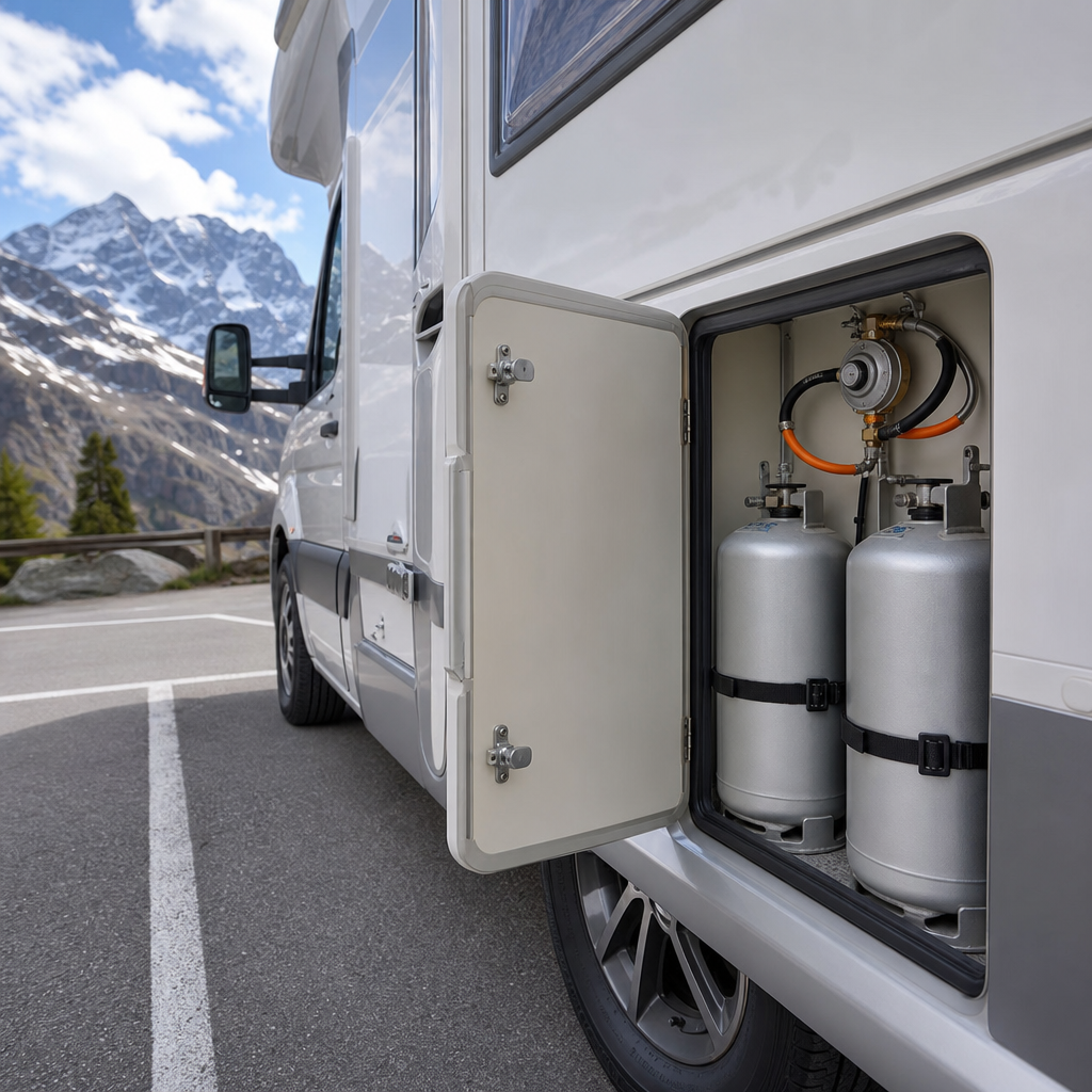 Compartiment bouteilles GPL ouvert d'un camping-car blanc garé sur un parking alpin, avec deux bouteilles de gaz en aluminium visibles et un détendeur de pression