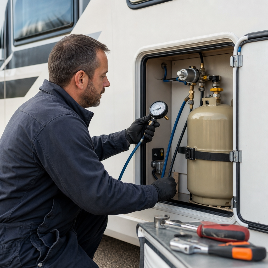 Technicien en combinaison de travail effectuant un test d'étanchéité sur le compartiment gaz d'un camping-car, avec un manomètre et des outils posés sur une surface de travail