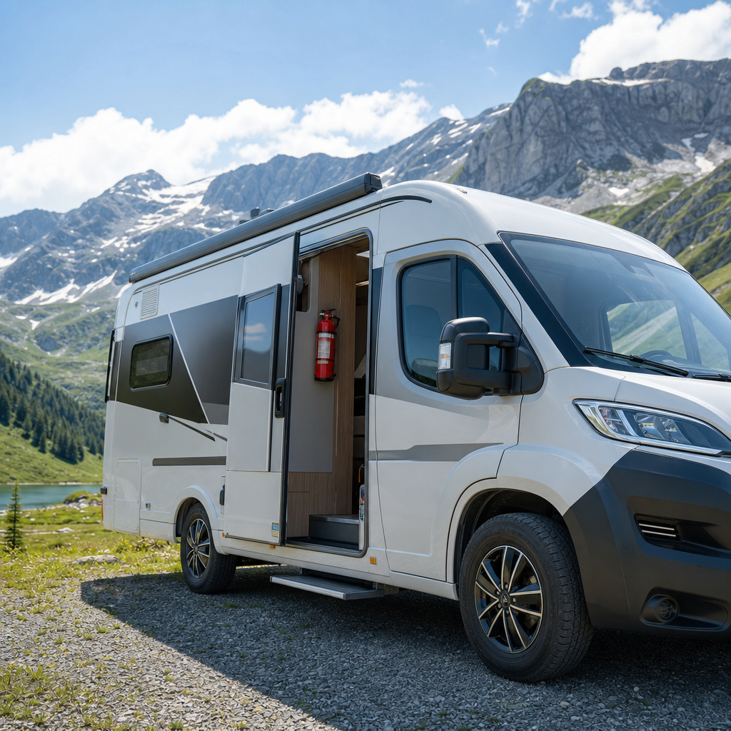 Un camping-car moderne garé sur une aire naturelle en montagne suisse, portière latérale ouverte, avec un extincteur rouge visible fixé à l'intérieur de la cabine, en pleine lumière du jour
