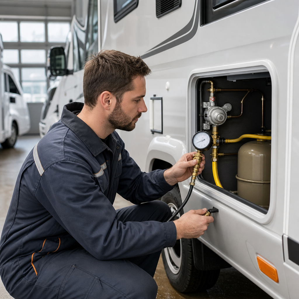 Un technicien portant une combinaison de travail effectue un test de pression sur l'installation gaz d'un camping-car garé dans un atelier, à l'aide d'un manomètre, sans texte ni logo visible