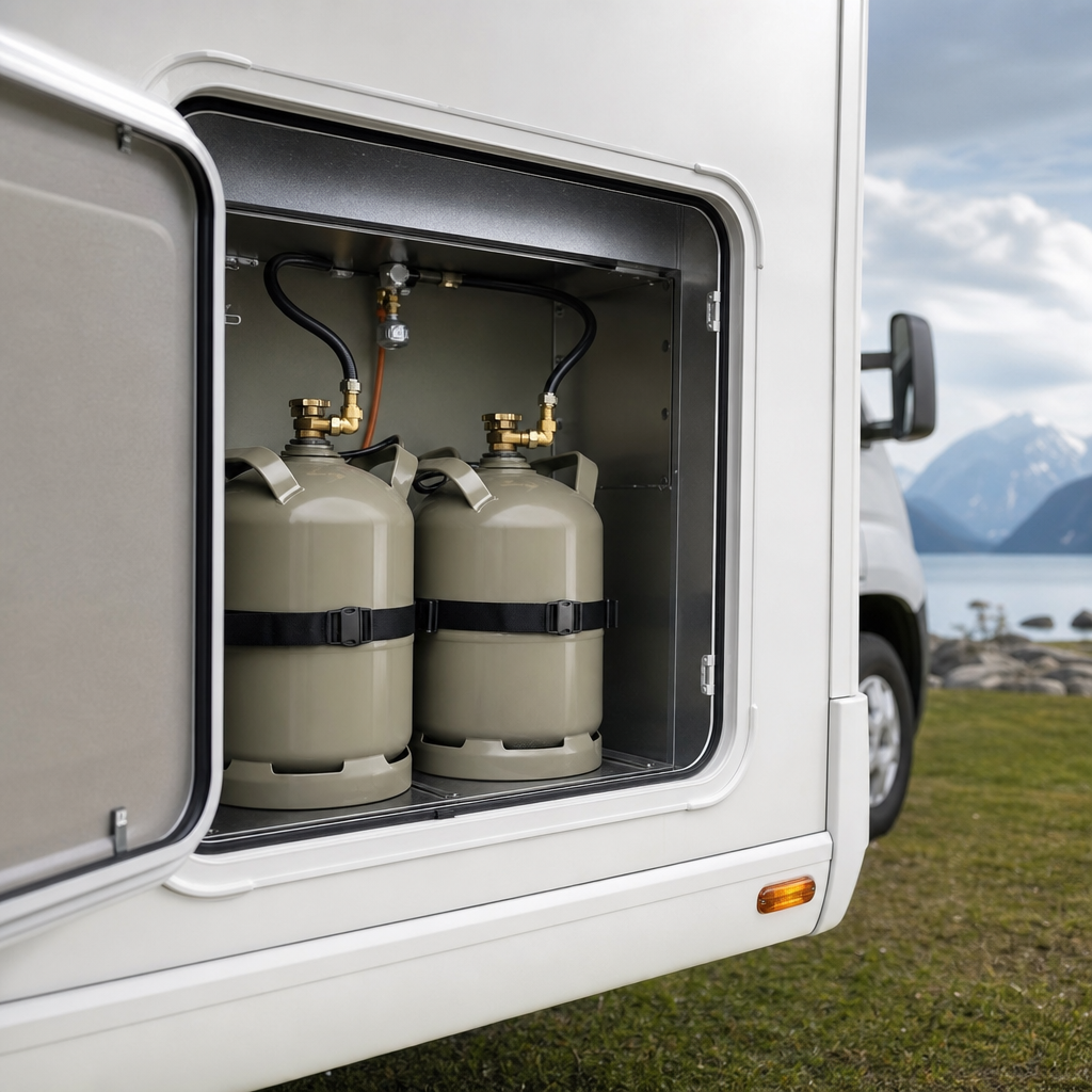 Compartiment extérieur d'un camping-car ouvert, montrant deux bouteilles de propane correctement fixées dans un casier ventilé avec des sangles de maintien, sans texte ni logo visible