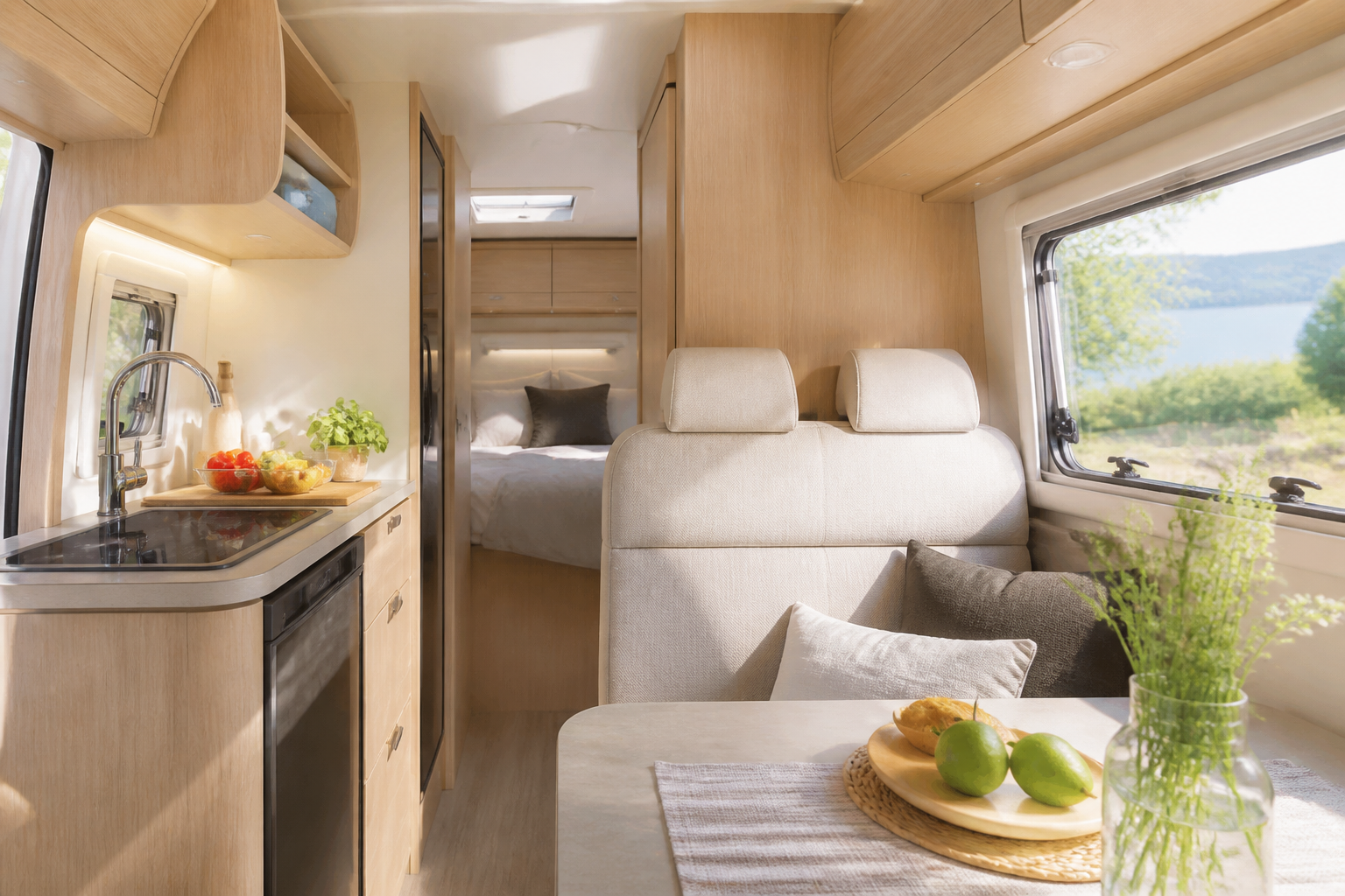 Intérieur propre et lumineux d'un camping-car, montrant le coin cuisine avec des placards en bois clair, une banquette et une grande fenêtre laissant entrer la lumière naturelle