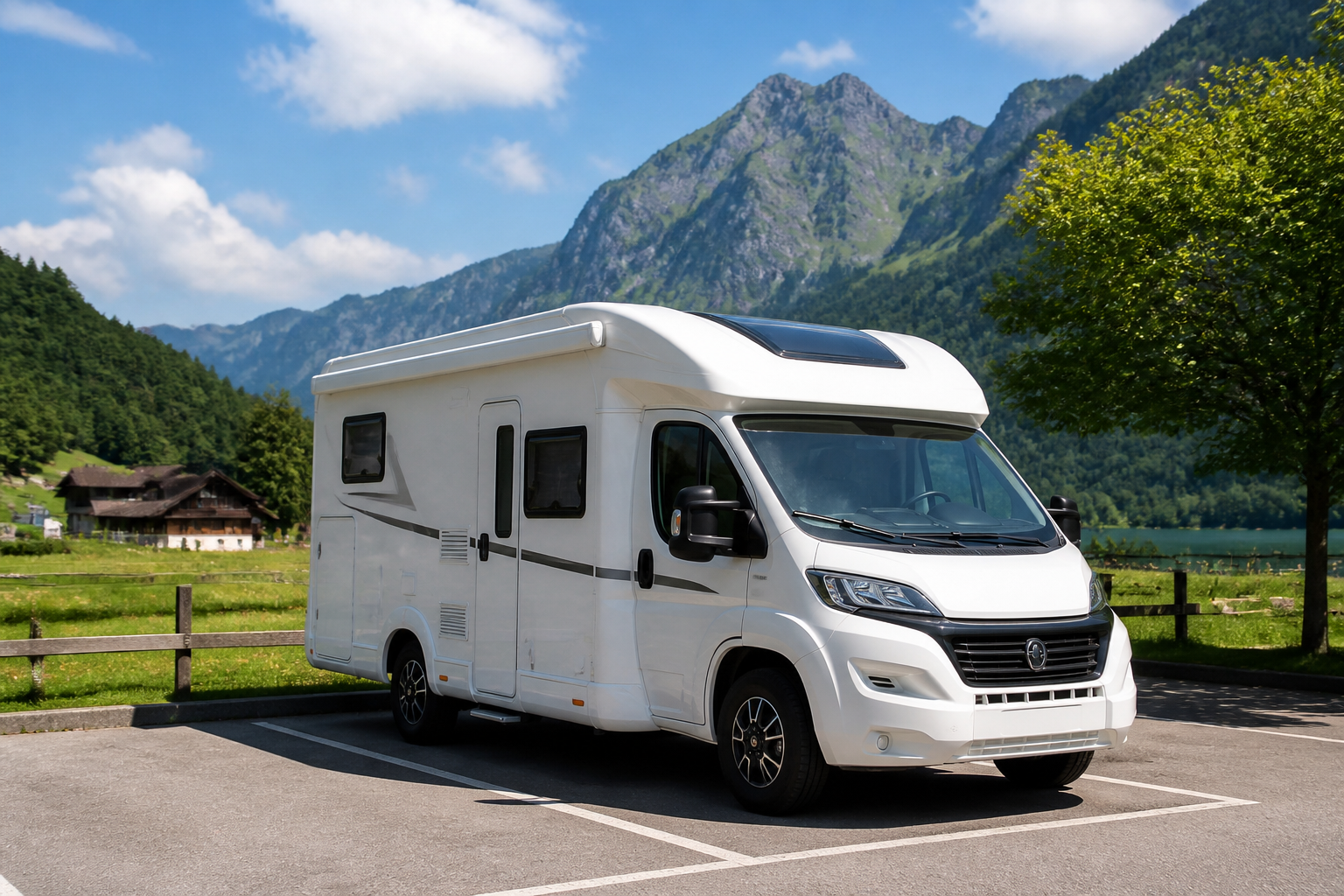 Un camping-car de couleur blanche garé sur un parking ensoleillé, vue trois quarts avant, environnement de campagne suisse avec montagnes en arrière-plan