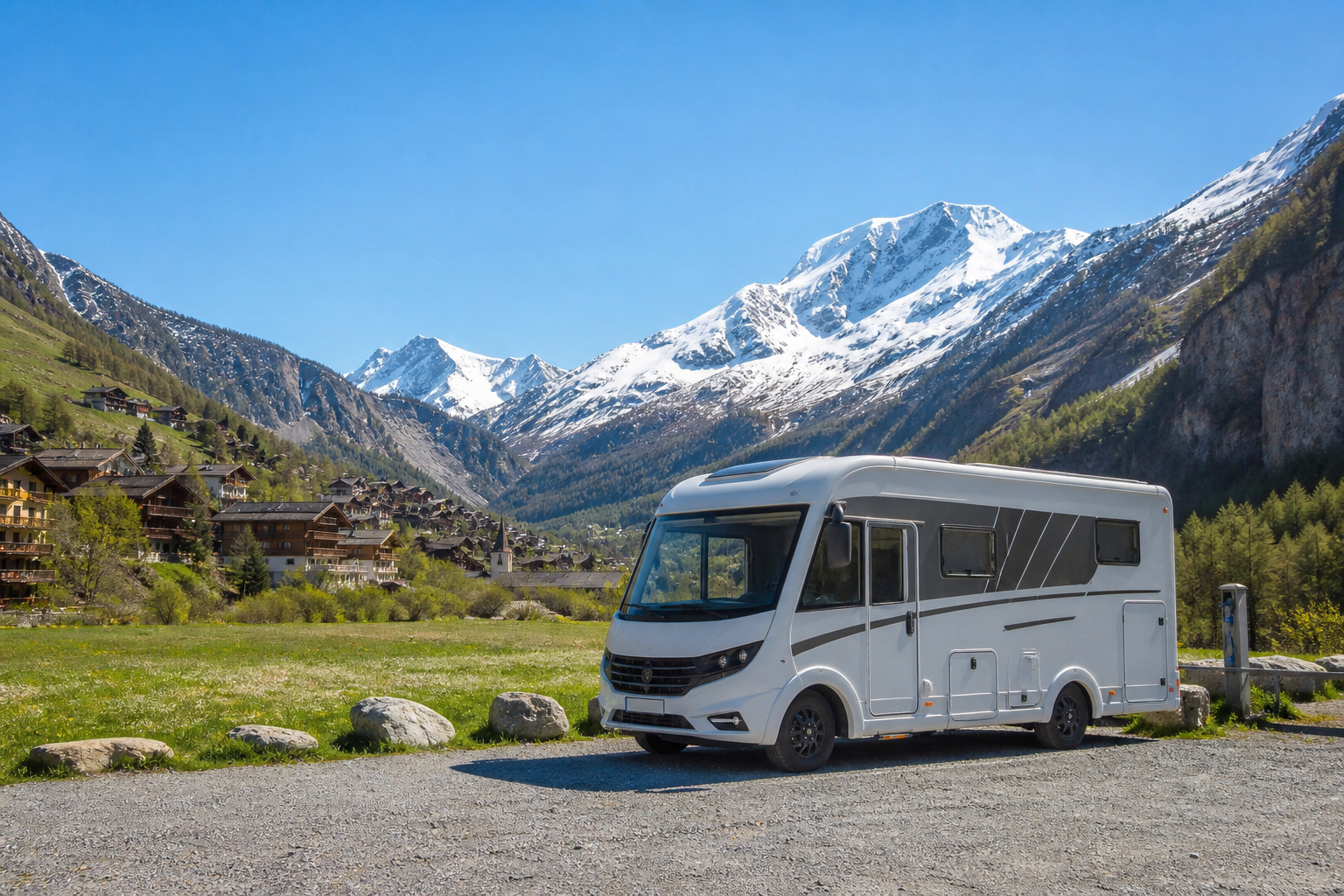 Camping-car garé sur une aire aménagée en fond de vallée alpine valaisanne, avec vue sur des sommets enneigés et un village de montagne en bois, ciel bleu clair