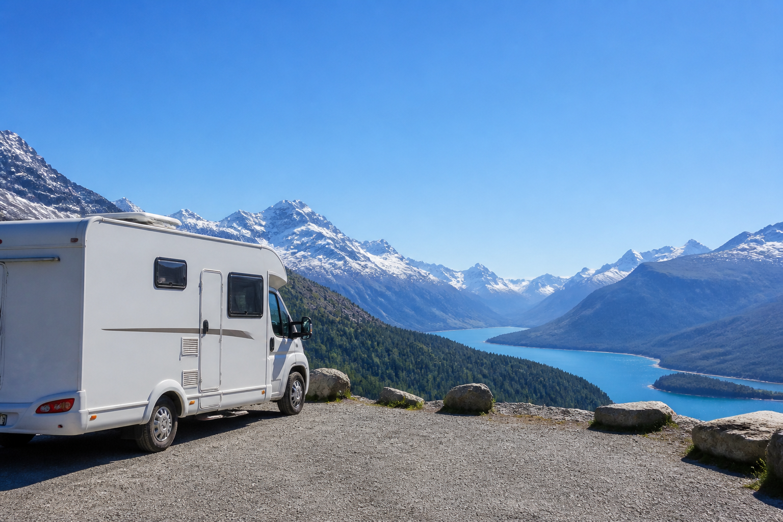 Un camping-car blanc garé sur un belvédère alpin face aux lacs bleus de la Haute-Engadine, entouré de montagnes enneigées sous un ciel dégagé