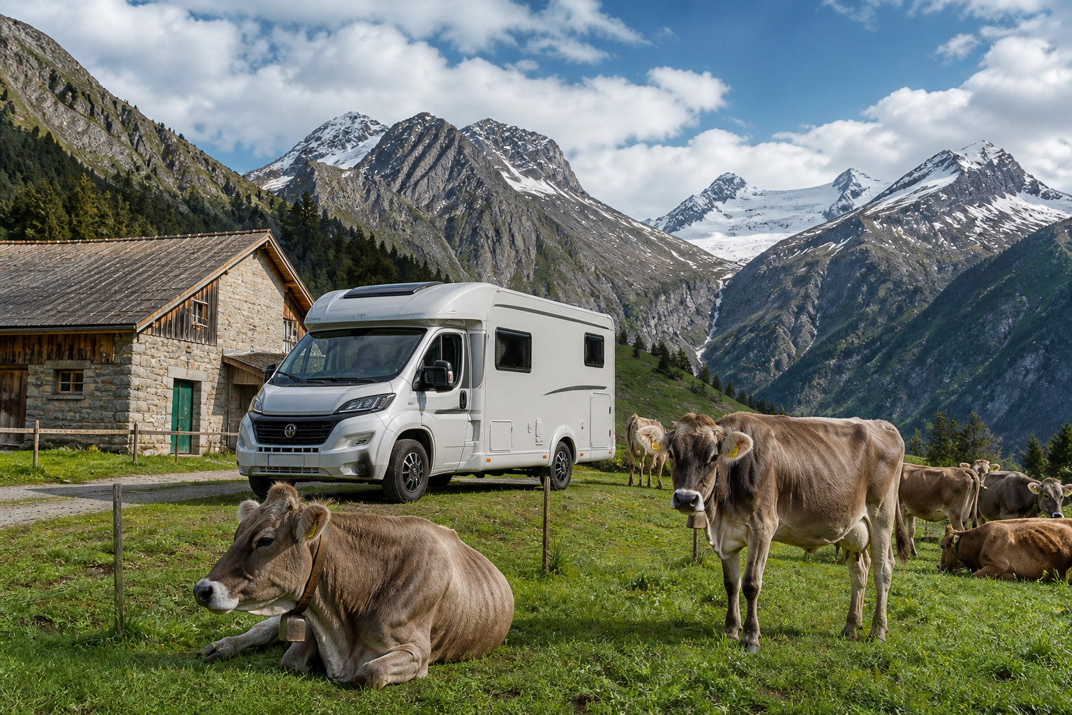 Un camping-car stationné dans une ferme de montagne grisonne entourée de prairies alpines, avec des vaches au premier plan et des sommets enneigés en arrière-plan
