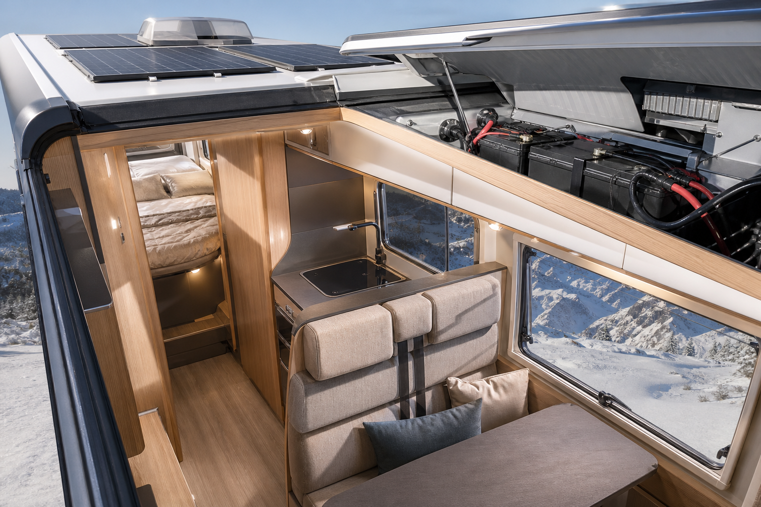 Intérieur lumineux d'un camping-car aménagé avec panneaux solaires visibles sur le toit, batterie lithium dans un compartiment ouvert, et vue sur un paysage alpin enneigé par la fenêtre